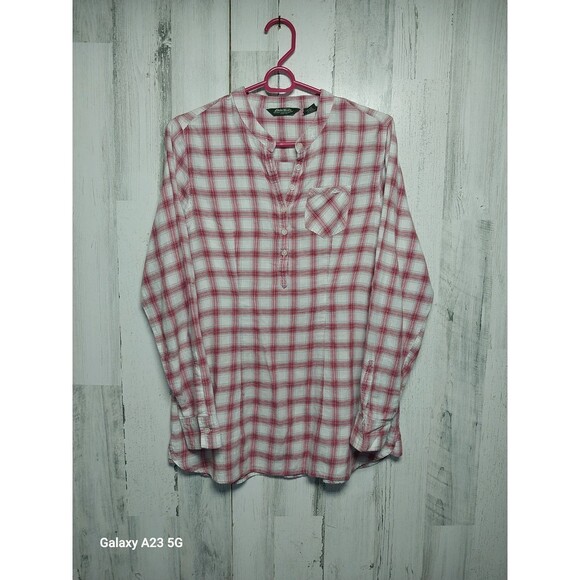 Eddie Bauer Women's Medium Collarless Red Plaid Shirt - Picture 1 of 5